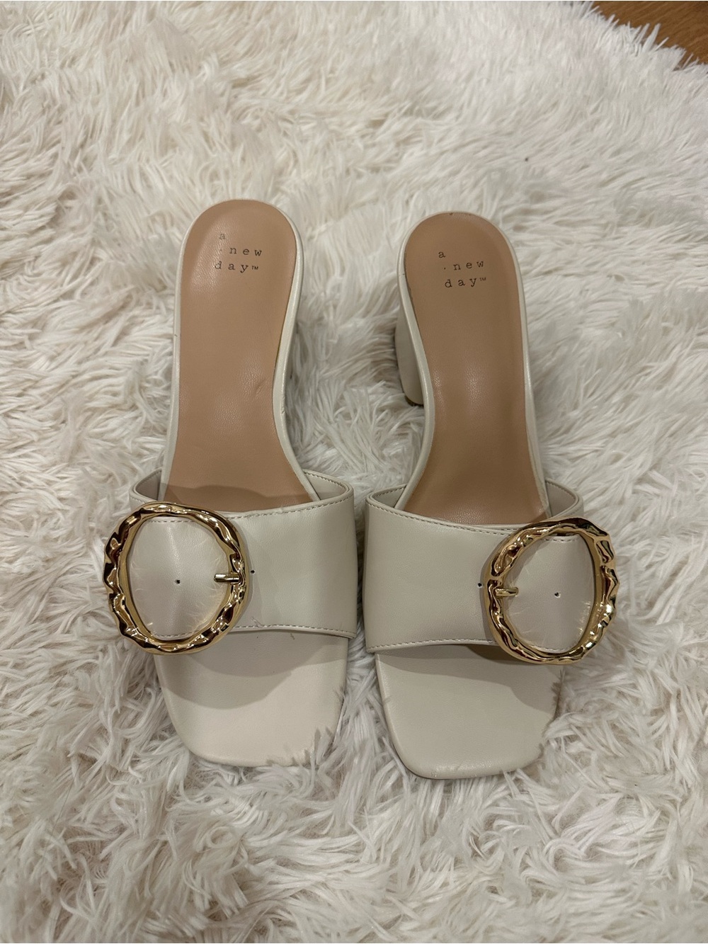 a new day Cream Slide Mules with Gold Decorative Buckle
